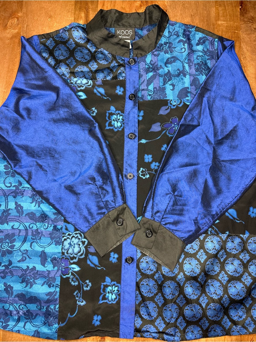 KOOS of Course Royal Blue & Black Patchwork Silk Blouse